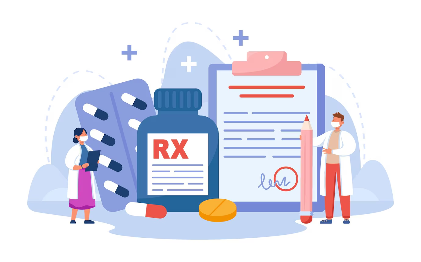 Illustration of a doctor and pharmacist with a giant prescription form and medication bottles.